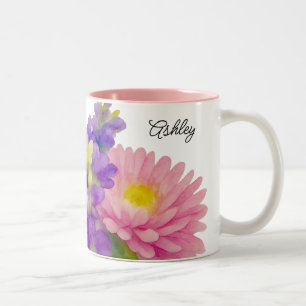 Tasse 2 Couleurs Joli nom de script personnalisé floral aquarelle