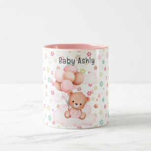 Tasse 2 Couleurs Joli ours en peluche Fleurs roses avec nom Enfant