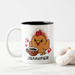 Tasse 2 Couleurs Joli poulet avec prénoms personnalisés coeurs