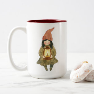 Tasse 2 Couleurs Jolie lanterne de fille gnome aquarelle Café deux