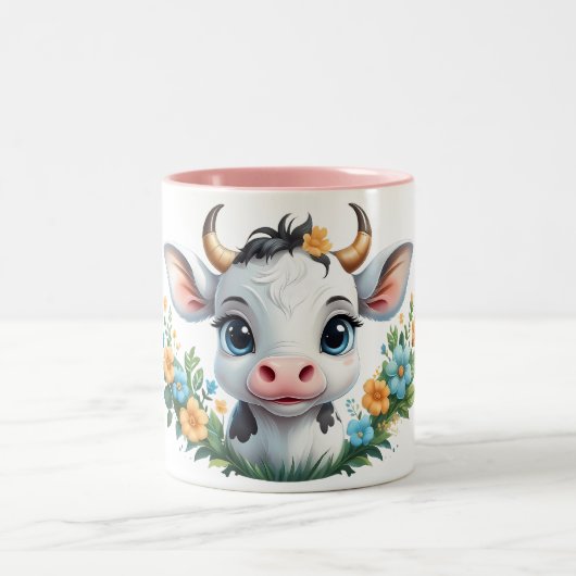Tasse 2 Couleurs Jolie petite vache fille en fleurs (Centre)