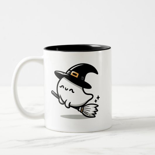 Tasse 2 Couleurs Jolie sorcière fantôme avec citrouille et balai | (Gauche)