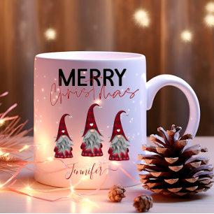 Tasse 2 Couleurs Jolis lutins de Noël à carreaux avec votre nom