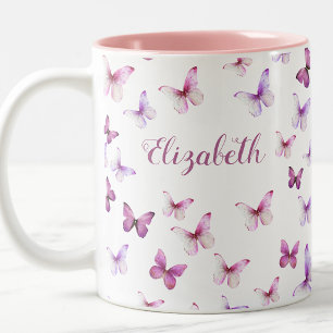 Tasse 2 Couleurs Jolis papillons roses nom personnalisé