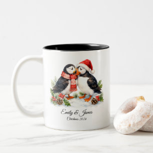 Tasse 2 Couleurs Jolis puffins d'hiver à l'aquarelle pour Noël