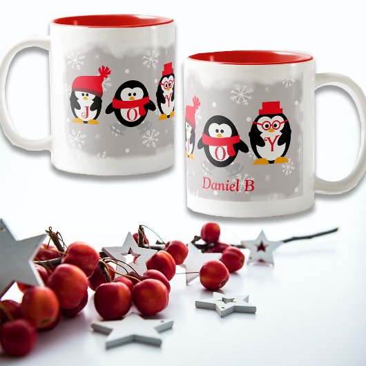 Tasse 2 Couleurs JOY Penguins Noël Nom personnalisé