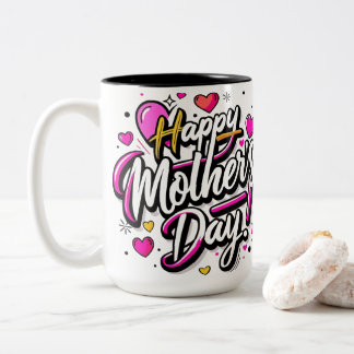 Tasse 2 Couleurs Joyeuse Fête des Mères Néon Cœurs Roses - Moderne 