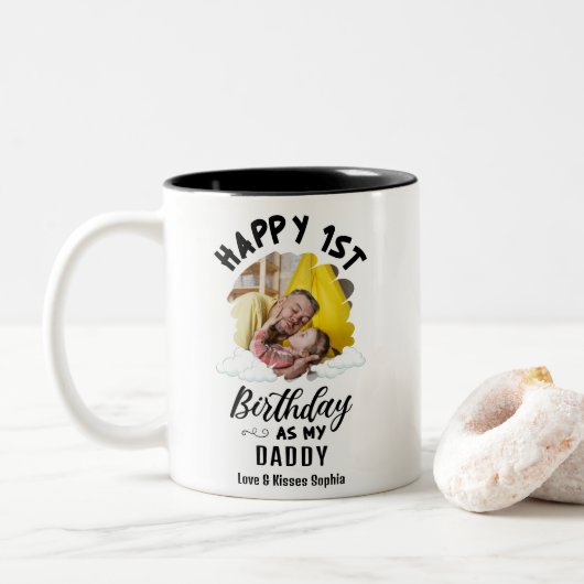 Tasse 2 Couleurs Joyeux 1er anniversaire comme mon papa Photo perso (Avec donut)