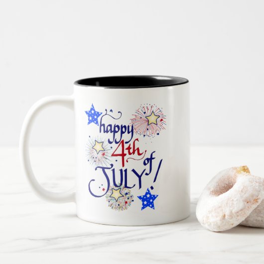 Tasse 2 Couleurs Joyeux 4 juillet ! avec feux d'artifice et étoiles (Avec donut)