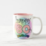 Tasse 2 Couleurs Joyeux 80e anniversaire (roze)<br><div class="desc">Le 80e anniversaire de la joie rose est un cadeau amusant à donner à quelqu'un qui a eu 80 ans,  un beau moulin coloré aux couleurs de l'arc-en-ciel.</div>