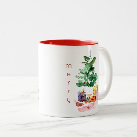 Tasse 2 Couleurs Joyeux et brillant Arbre de Noël Aquarelle (Devant droit)