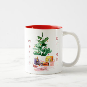 Tasse 2 Couleurs Joyeux et brillant Arbre de Noël Aquarelle