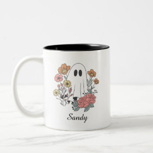 Tasse 2 Couleurs Joyeux Halloween floral mignon fantôme monogramme
