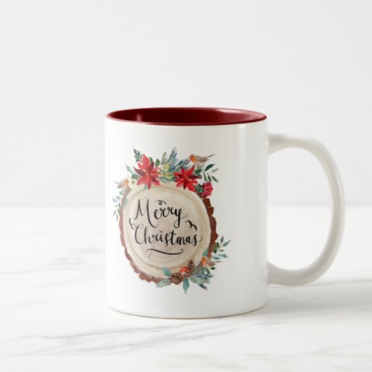Tasse 2 Couleurs Joyeux Noël & bois écorce & fleurs couronne (Droit)