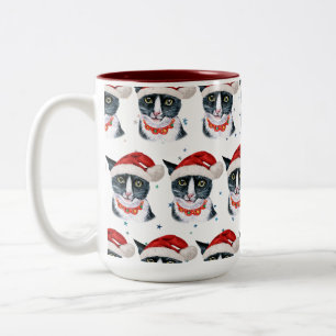 Tasse 2 Couleurs Joyeux Noël Chat noir et blanc Aquarelle