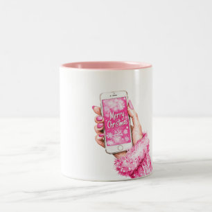 Tasse 2 Couleurs Joyeux Noël Fille Glam Ongles Roses 
