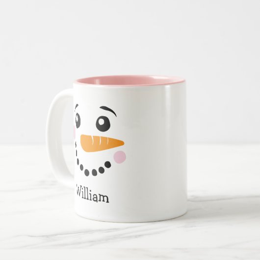 Tasse 2 Couleurs Joyeux Snowman visage Nom personnalisé Fête (Devant gauche)