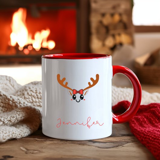 Tasse 2 Couleurs Kawaii Girl Reindeer Face Custom Name Christmas