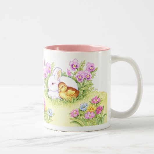 Tasse 2 Couleurs Lapin, caneton et fleurs de Pâques (Droit)