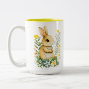 Tasse 2 Couleurs Lapin de Pâques mignon et monogramme sur fond blan