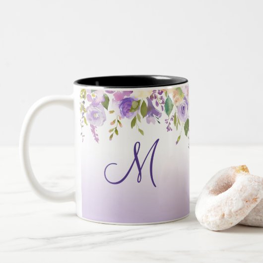 Tasse 2 Couleurs Lavender Pink Moss Green Monogramme & Nom Floral (Avec donut)