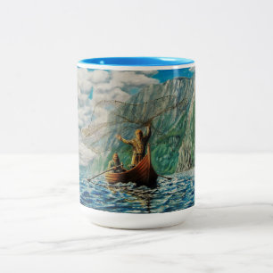 Tasse 2 Couleurs Le bâti du filet, hommes de Viking dans le bost