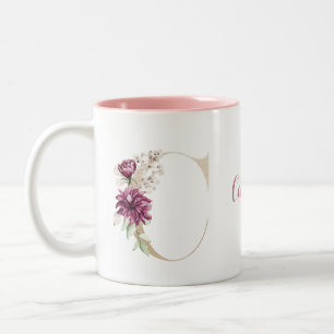 Tasse 2 Couleurs Lettre C dorée personnalisée avec monogramme et fl