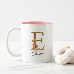 Tasse 2 Couleurs Lettre de nom personnalisée E Roses rose poudré fe