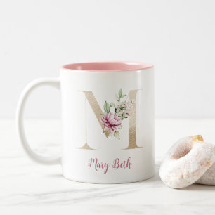 Tasse 2 Couleurs Lettre d'or M, Monogramme M, Pink Floral Cadeau