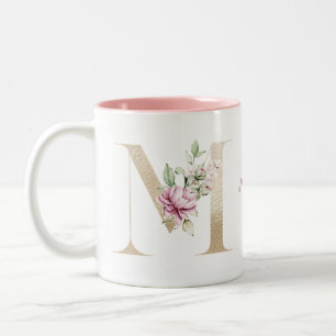 Tasse 2 Couleurs Lettre d'or monogramme M rose floral