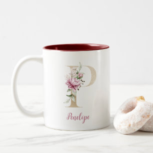 Tasse 2 Couleurs Lettre dorée P, Monogramme P, Cadeau floral rose p