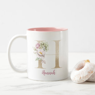 Tasse 2 Couleurs Lettre H dorée, Monogramme H, Cadeau floral rose p