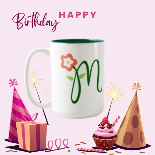 Tasse 2 Couleurs Lettre initiale Monogramme vert, Fleur orange