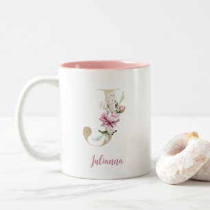 Tasse 2 Couleurs Lettre J dorée, Monogramme J, Cadeau floral rose p