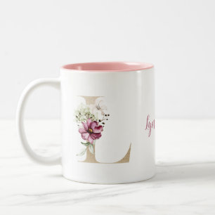 Tasse 2 Couleurs Lettre L dorée personnalisée avec fleurs roses 
