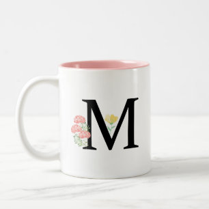 Tasse 2 Couleurs Lettre monogramme M Aquarelle Rose Spray Floral