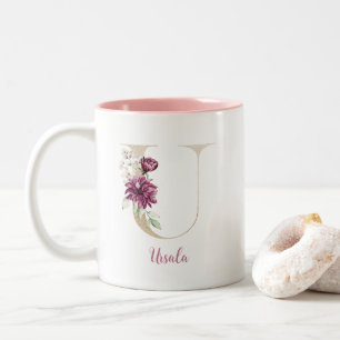 Tasse 2 Couleurs Lettre U en or, Monogramme U, Cadeau floral rose p