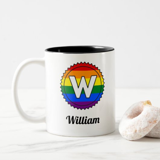 Tasse 2 Couleurs Lettre W Initial & Nom Gay pride Rainbow Monogramm (Avec donut)