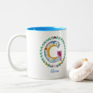 Tasse 2 Couleurs Lettres de fleurs Initiale "G" avec nom personnali