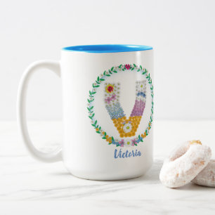Tasse 2 Couleurs Lettres de fleurs Initiale "V" avec nom personnali
