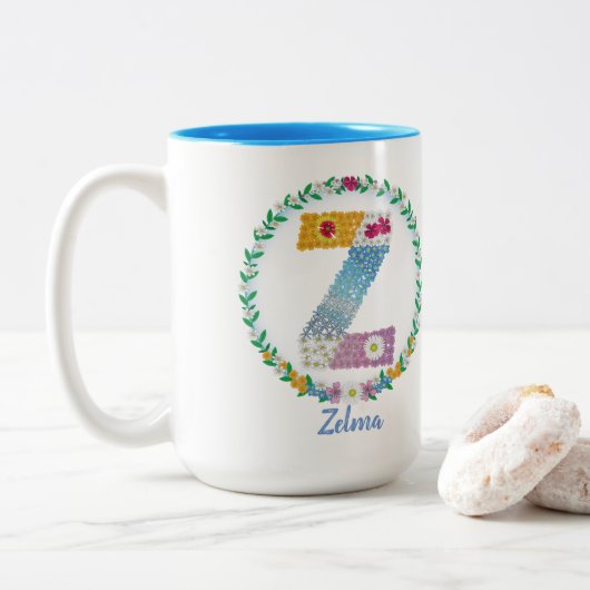 Tasse 2 Couleurs Lettres de fleurs "Z" initiales avec nom personnal (Avec donut)