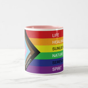 Tasse 2 Couleurs LGBT Progress Pride drapeau arc-en-ciel avec texte