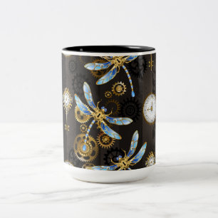 Tasse 2 Couleurs Libellules Steampunk sur fond brun rayé