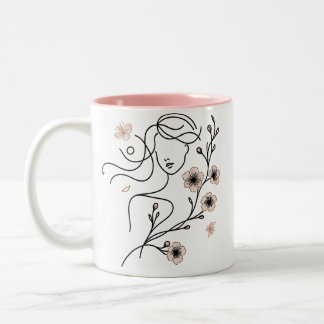 Tasse 2 Couleurs Ligne minimaliste Art Cherry Fleur Mug, Visage fem