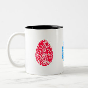 Tasse 2 Couleurs Linocut d'Oeuf de Pâques bleu/rouge/jaune rustique