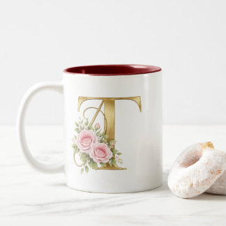 Tasse 2 Couleurs Logo de lettre T florale en or de luxe