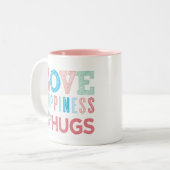 Tasse 2 Couleurs LOVE, HAPPINESS ET HUGS citations modernes TYPOGRA (Devant gauche)
