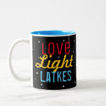 Tasse 2 Couleurs Love Personnalisé Love Light Latkes Hanoukka Funny<br><div class="desc">Love Light Latkes Black Hanoukka Funny Citation Deux tonalités pour égayer votre famille Hanoukka Party! Pourquoi ne pas en faire un pour chaque invité - et les utiliser comme cartes de séjour? Ce dicton coloré et humoristique se démarque vraiment par son arrière - plan noir étoilé. Bien sûr de faire...</div>