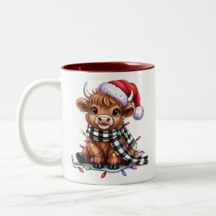 Tasse 2 Couleurs Lumières de Noël Vache Highland Chapeau de Père No