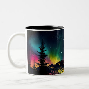 Tasse 2 Couleurs Lumières du nord au-dessus des sommets de la monta